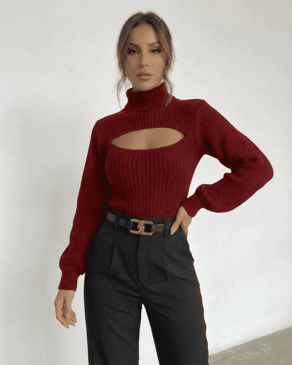 Merlot Sweater by Lauven featuring mock neck and hollow cut-out detail, ideal for fall and winter fashion.