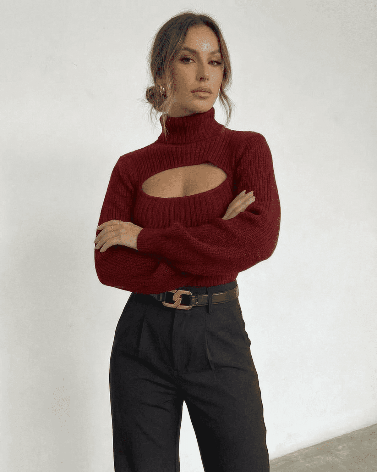 Merlot Sweater by Lauven featuring a mock neck cut out ribbed knit design, perfect for modern fall and winter fashion.
