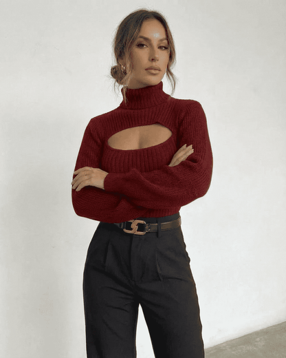 Merlot Sweater by Lauven featuring a mock neck cut out ribbed knit design, perfect for modern fall and winter fashion.