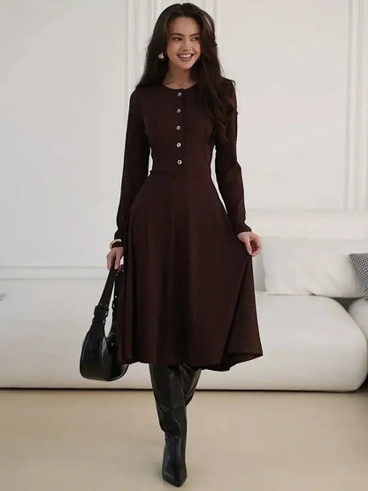 Midi Dress Noirette by Lauven – Elegant brown midi dress with button detailing and flattering fit-and-flare silhouette.