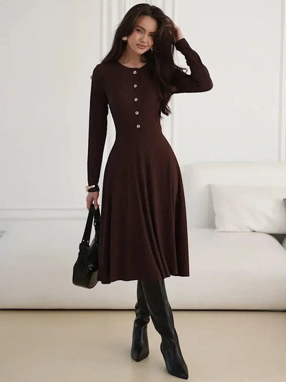 Midi Dress Noirette by Lauven, elegant brown midi dress with button detailing, flattering fit-and-flare silhouette.