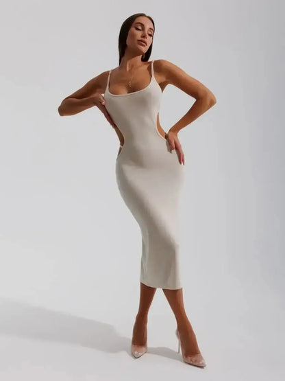 Midi Dress Seraphine by Lauven showcasing sculpted elegance with side cutouts in beige ribbed knit.