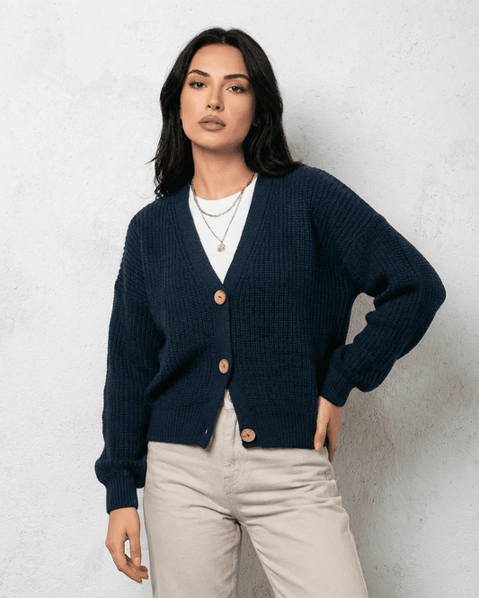 Midnight Cardigan by Lauven in deep navy knitwear, featuring a classic V-neck and relaxed fit.