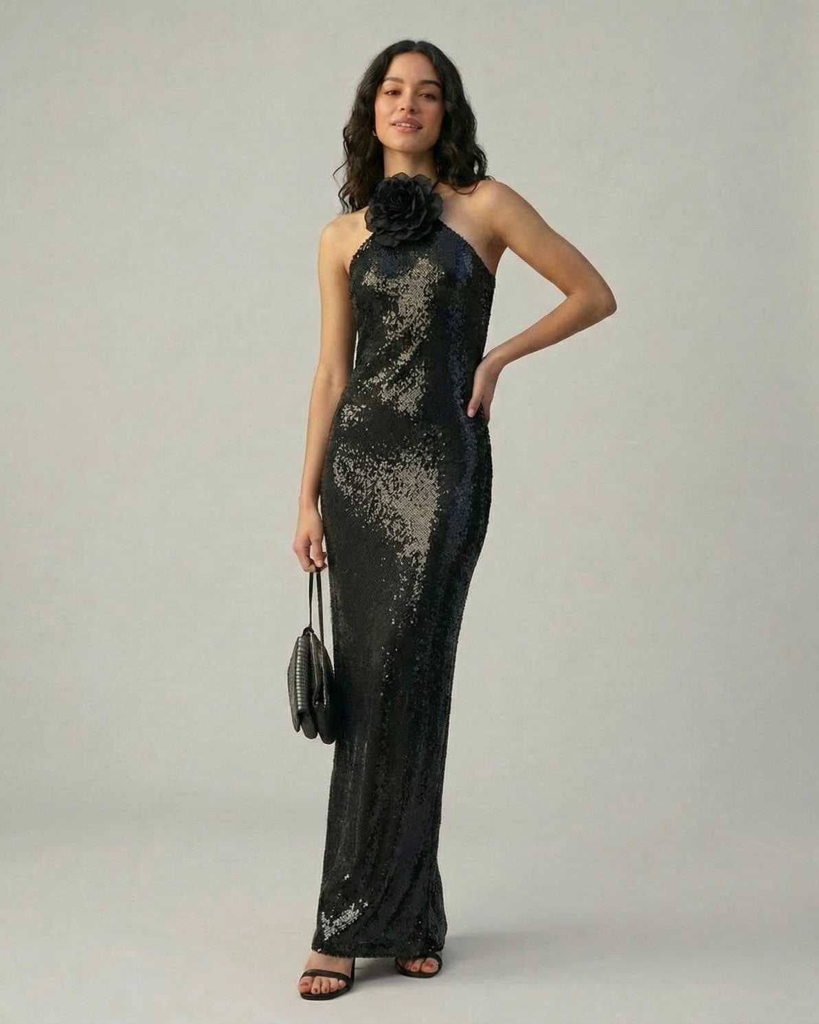 Lauven Midnight Maxi Dress with sequin sheath silhouette and halter neckline, perfect for elegant evening occasions.