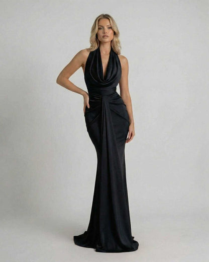 Midnight Maxi Dress by Lauven featuring a draped swinging collar and sleek sheath silhouette.