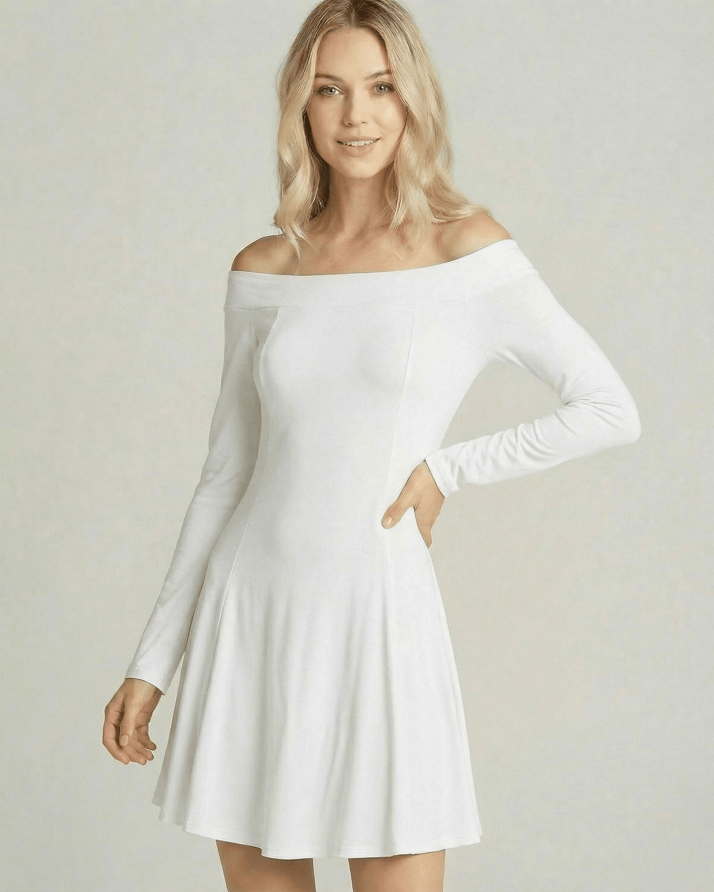 Milano Mini Dress by Lauven, an off-shoulder A-line mini dress in white, ideal for modern, seasonal styling.
