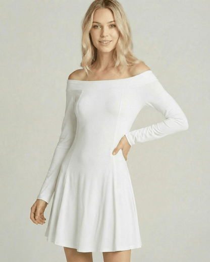 Milano Mini Dress by Lauven, an off-shoulder A-line mini dress in white, ideal for modern, seasonal styling.