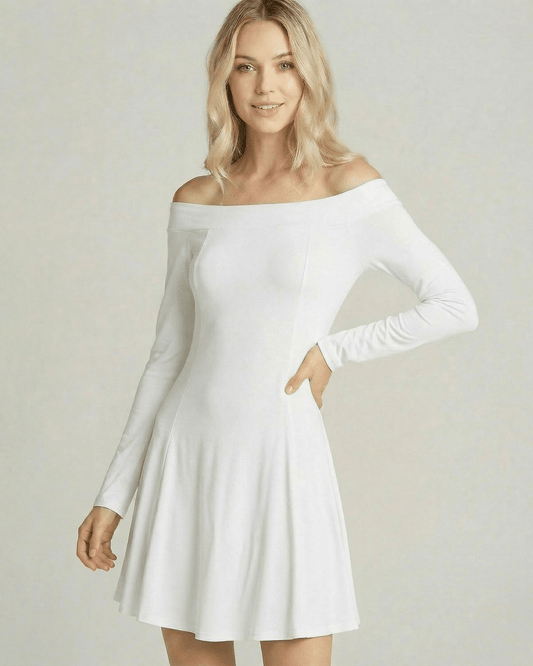 Milano Mini Dress by Lauven, an off-shoulder A-line mini dress in white, ideal for modern, seasonal styling.