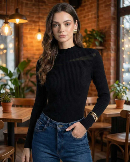 Milano Pullover by Lauven, women’s rib-knit sheer long sleeve pullover in modern style, perfect for everyday wear.