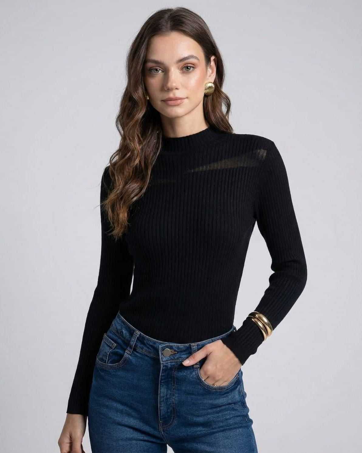 Milano Pullover by Lauven – Sheer long sleeve rib-knit black pullover for women's modern style.