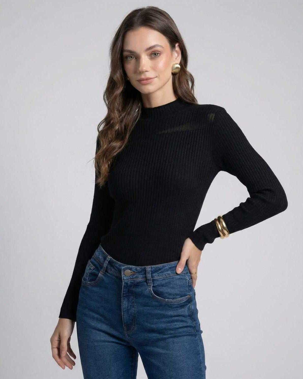 Milano Pullover by Lauven, women's rib-knit sheer long sleeve top in black, showcasing a modern aesthetic and smooth texture.