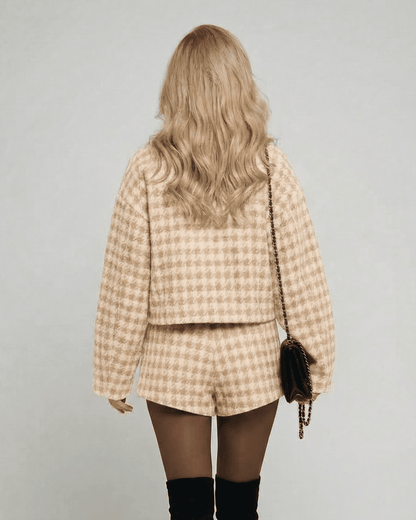 Back view of a model wearing the Lauven Milano Set, an elegant chic two-piece set with tailored shorts.