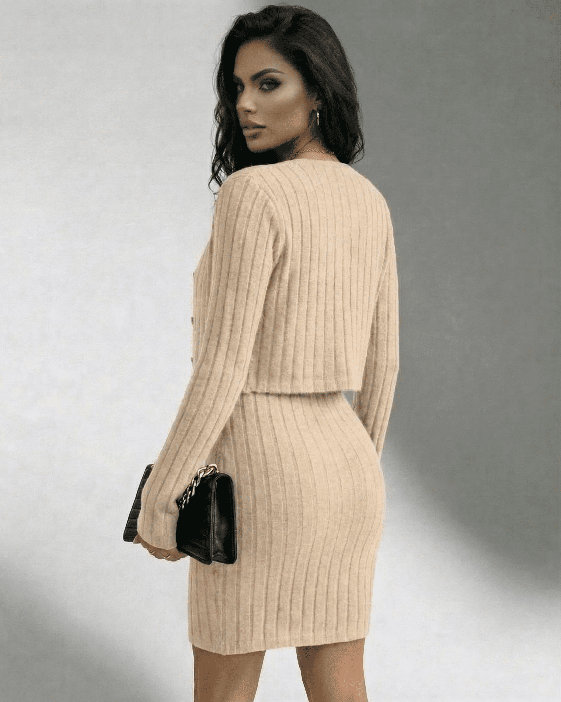 Milano Set by Lauven - Ribbed Slim Fit Two-Piece Dress & Cardigan Set in neutral tone.
