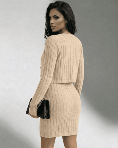 Milano Set by Lauven - Ribbed Slim Fit Two-Piece Dress & Cardigan Set in neutral tone.