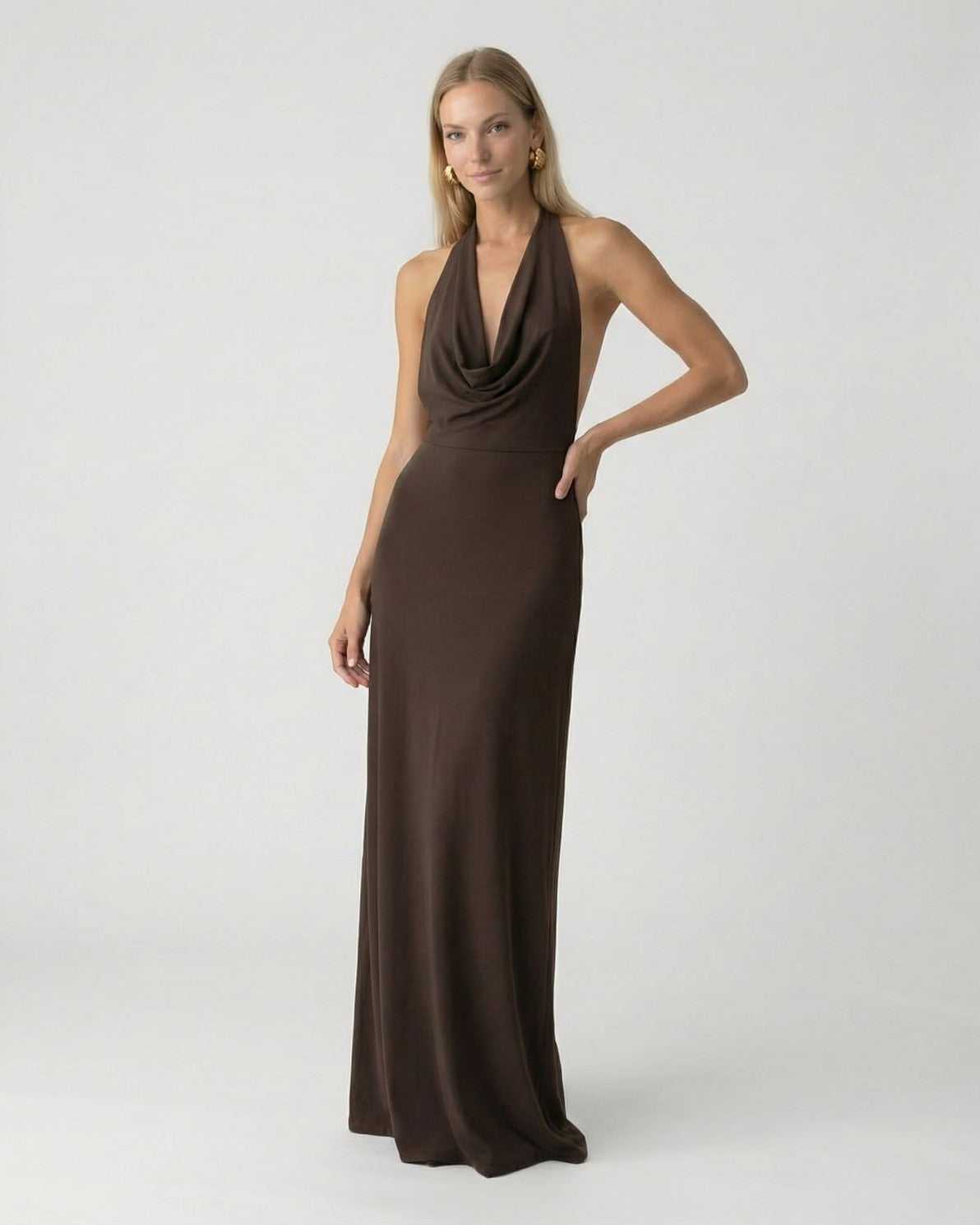 Mocha Maxi Dress by Lauven — Elegant halter neck slip dress with open back design in rich mocha color.