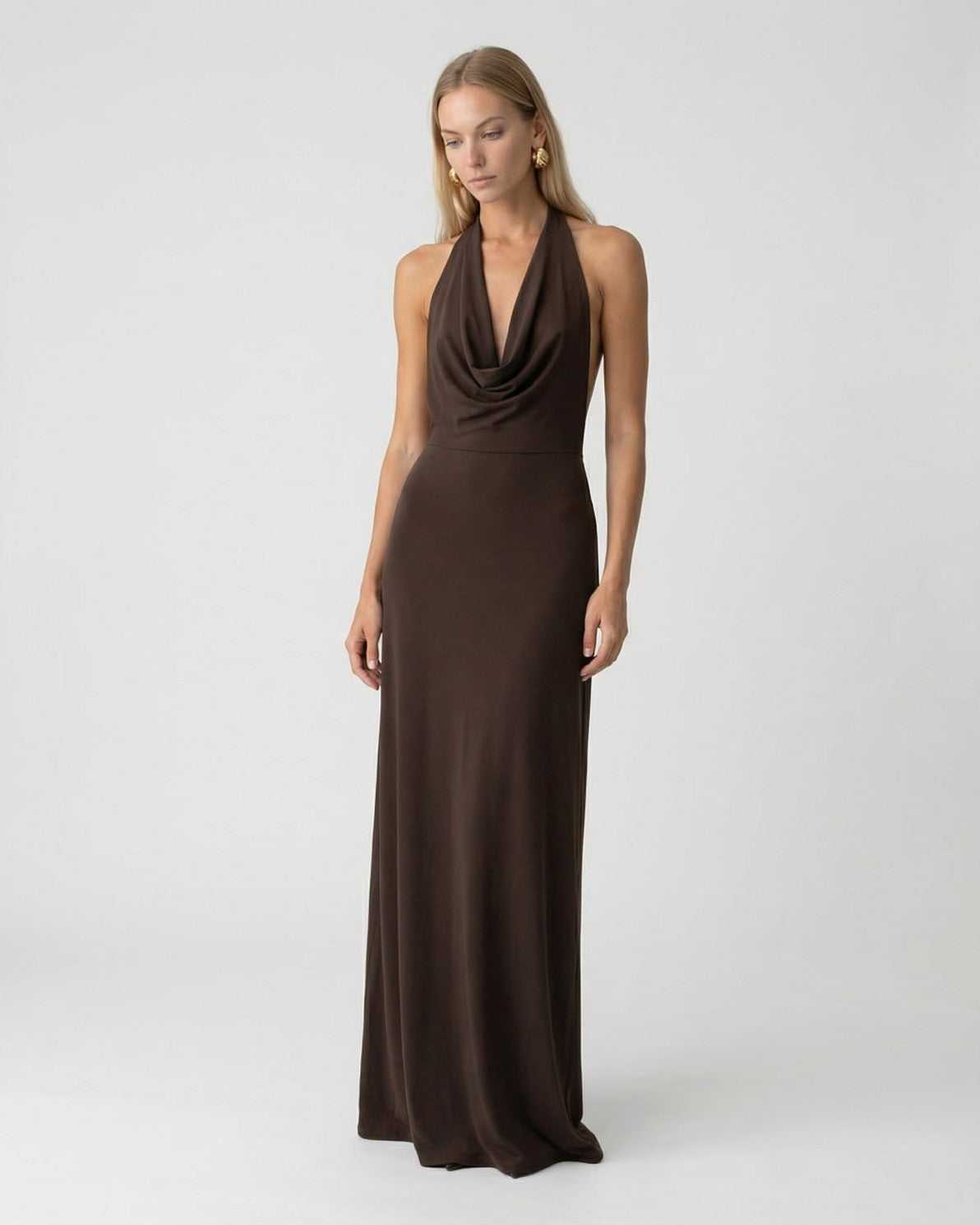 Lauven Mocha Maxi Dress featuring an elegant halter neck and smooth silhouette, perfect for formal occasions.
