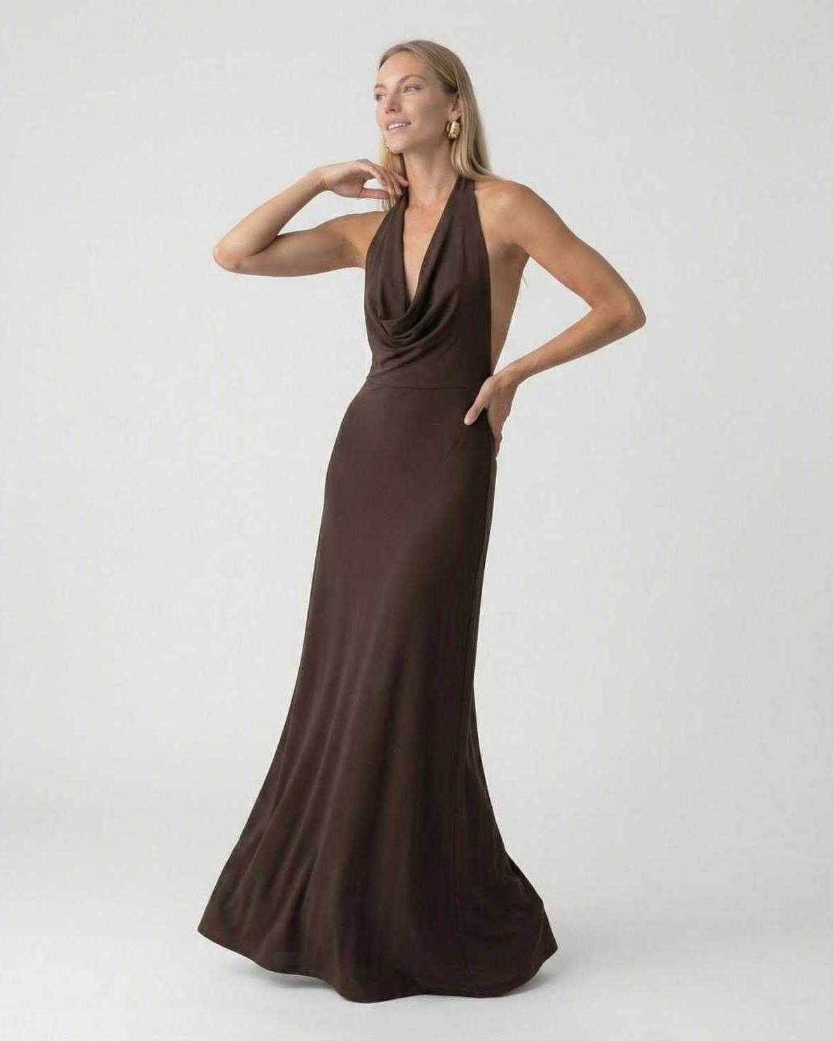 Mocha Maxi Dress by Lauven - Elegant halter neck design showcasing a modern slip silhouette.