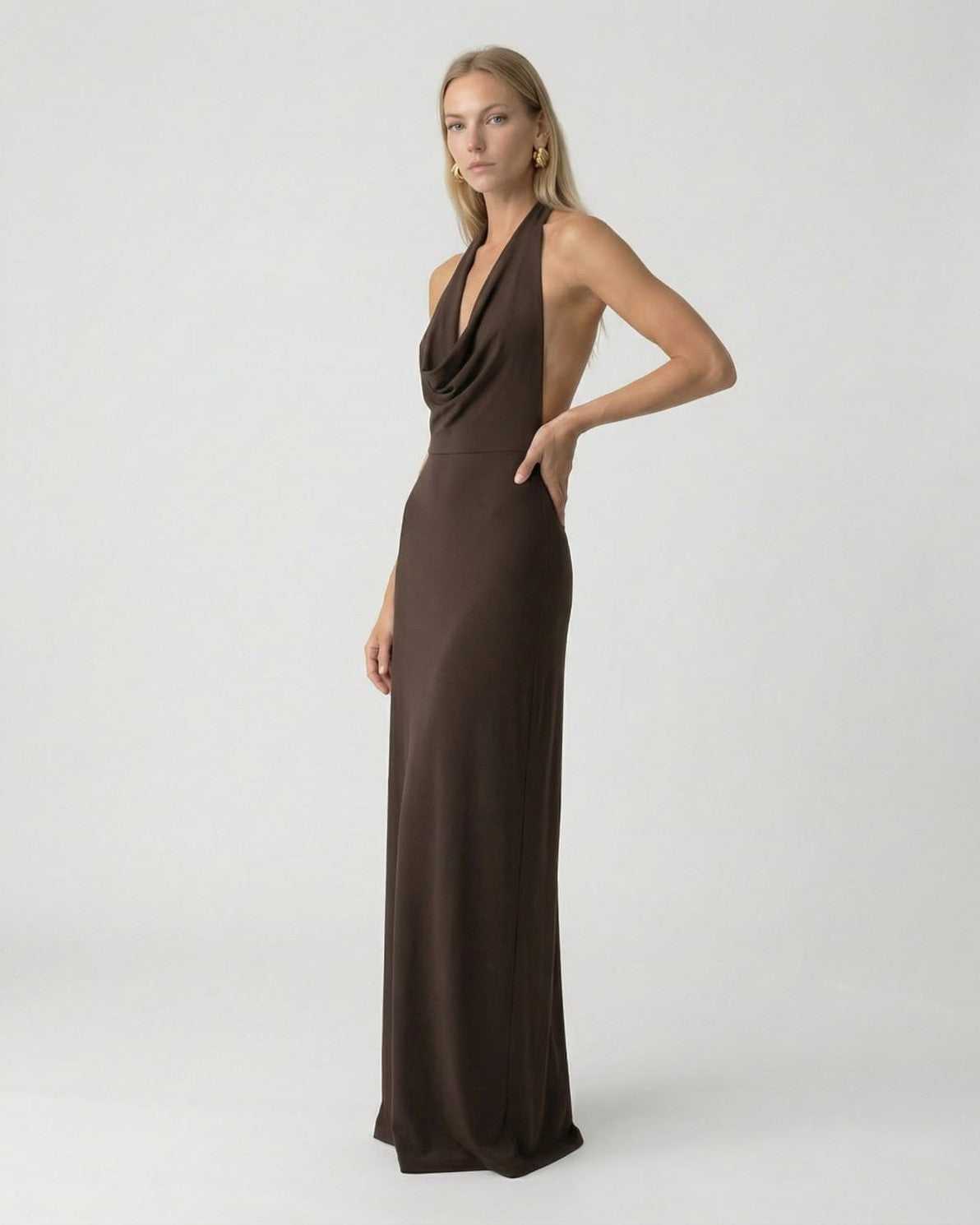 Mocha Maxi Dress by Lauven – Elegant halter neck slip maxi dress with open back design.