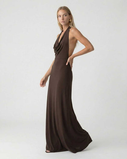 Mocha Maxi Dress by Lauven featuring a halter neck and open back design, made from soft viscose and spandex blend.