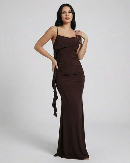 Mocha Maxi Dress by Lauven featuring sleek design and fringe detail in rich brown fabric.