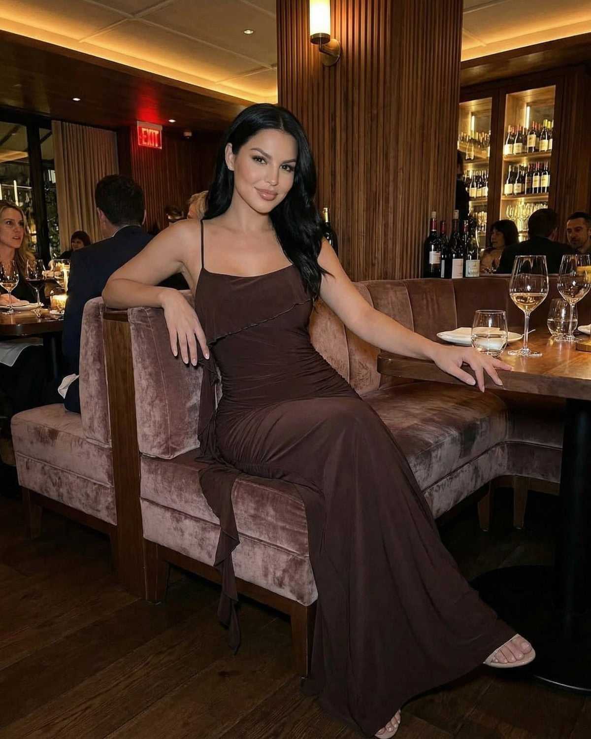 Mocha Maxi Dress by Lauven, showcasing a stylish sleeveless design with fringe detail, perfect for elegant evenings.