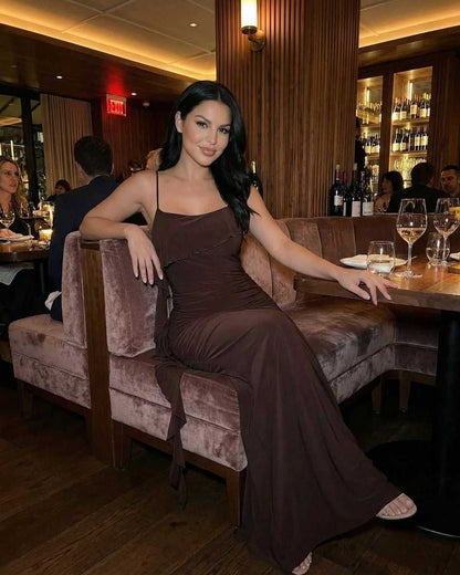 Mocha Maxi Dress by Lauven, showcasing a stylish sleeveless design with fringe detail, perfect for elegant evenings.