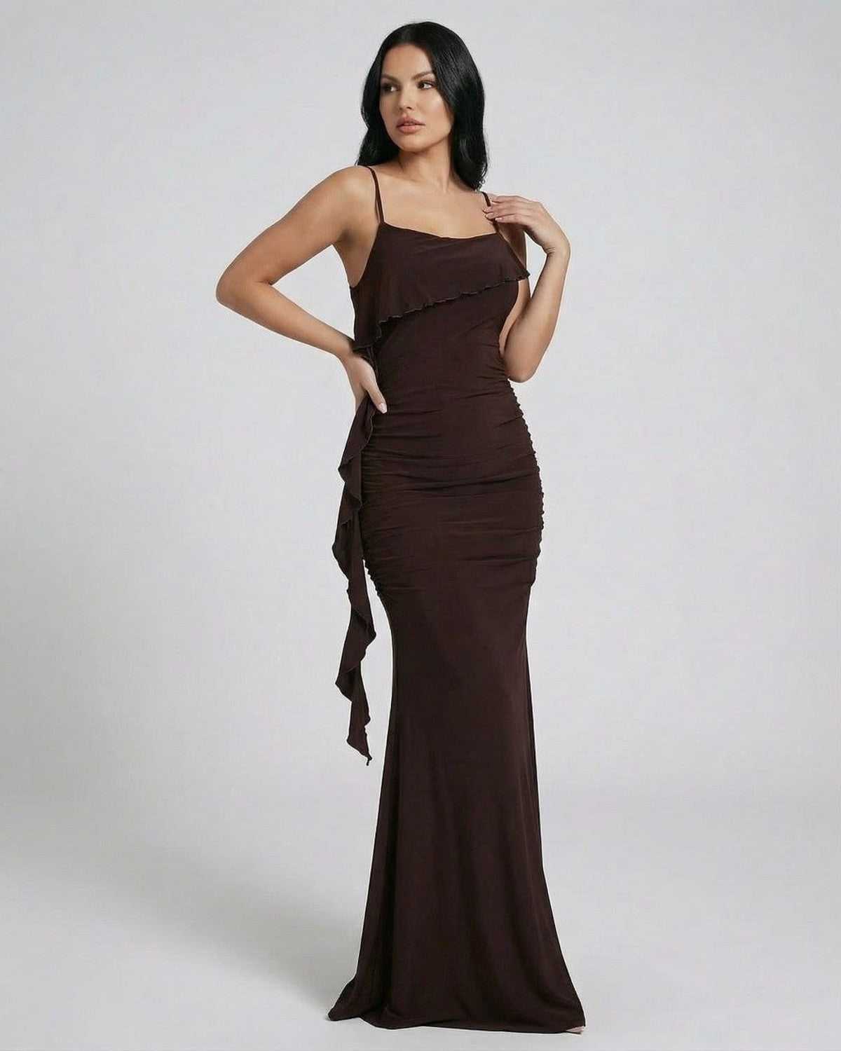 Mocha Maxi Dress by Lauven - Sleek sleeveless slip dress with fringe detail and rich brown tone.