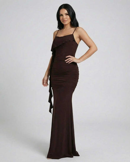 Mocha Maxi Dress by Lauven - Sleeveless slip dress with fringe detail in rich brown tone.