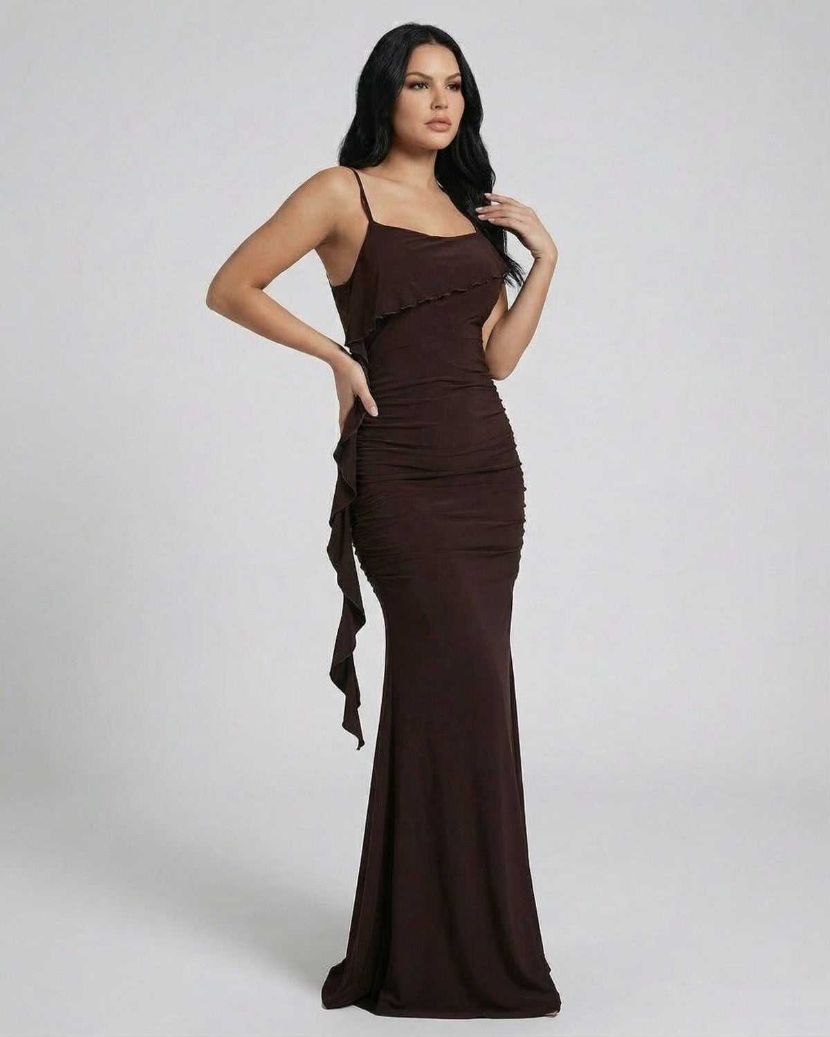 Lauven Mocha Maxi Dress showcasing a sleeveless design and fringe detailing, perfect for elegant occasions.