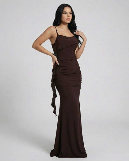 Lauven Mocha Maxi Dress showcasing a sleeveless design and fringe detailing, perfect for elegant occasions.