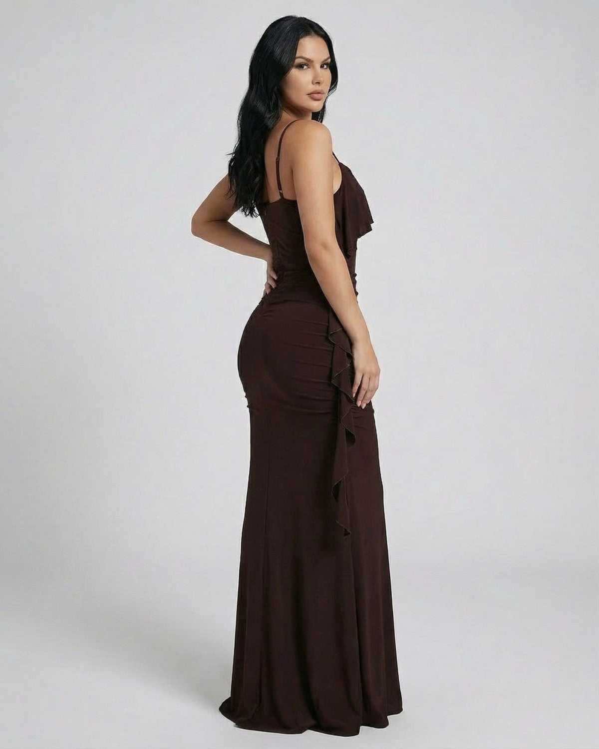 Mocha Maxi Dress by Lauven, showcasing a sleeveless design with fringe detailing in rich brown fabric.