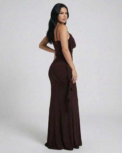 Mocha Maxi Dress by Lauven, showcasing a sleeveless design with fringe detailing in rich brown fabric.