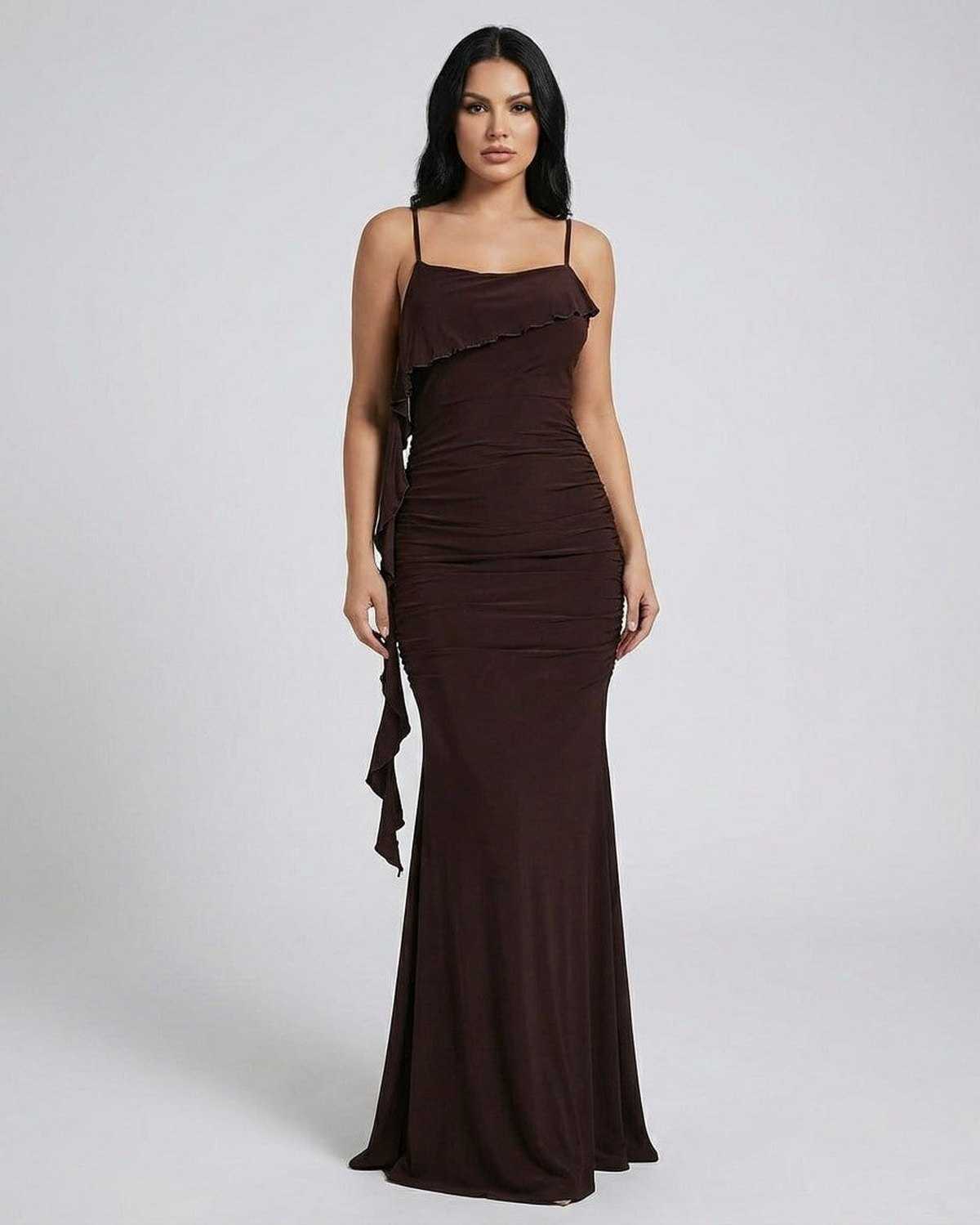 Lauven Mocha Maxi Dress — Sleeveless slip dress with fringe detail in rich brown tone.