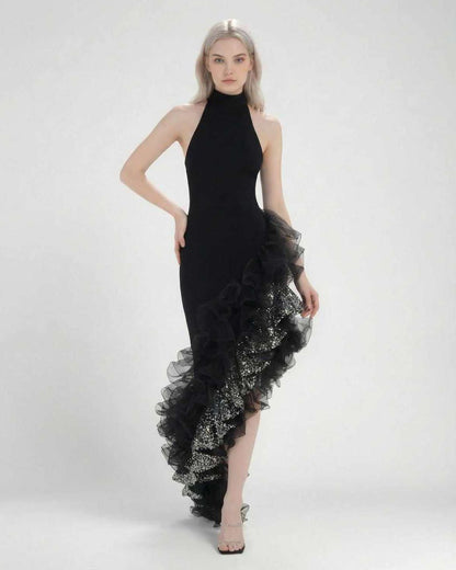 Monaco Maxi Dress by Lauven featuring a black halter neck and asymmetrical ruffle detail.