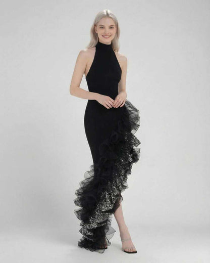 Monaco Maxi Dress by Lauven, featuring a black halter neck design with asymmetrical ruffle detail.