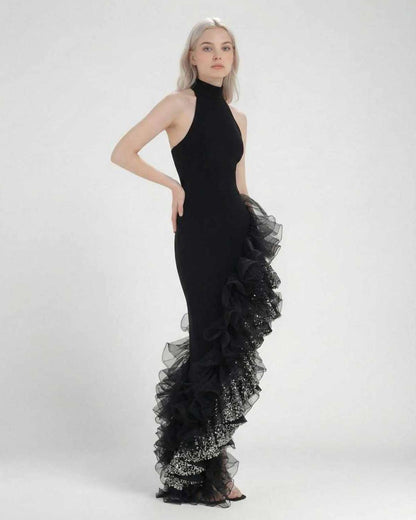 Monaco Maxi Dress by Lauven featuring a black halter neck and asymmetrical ruffle detail.