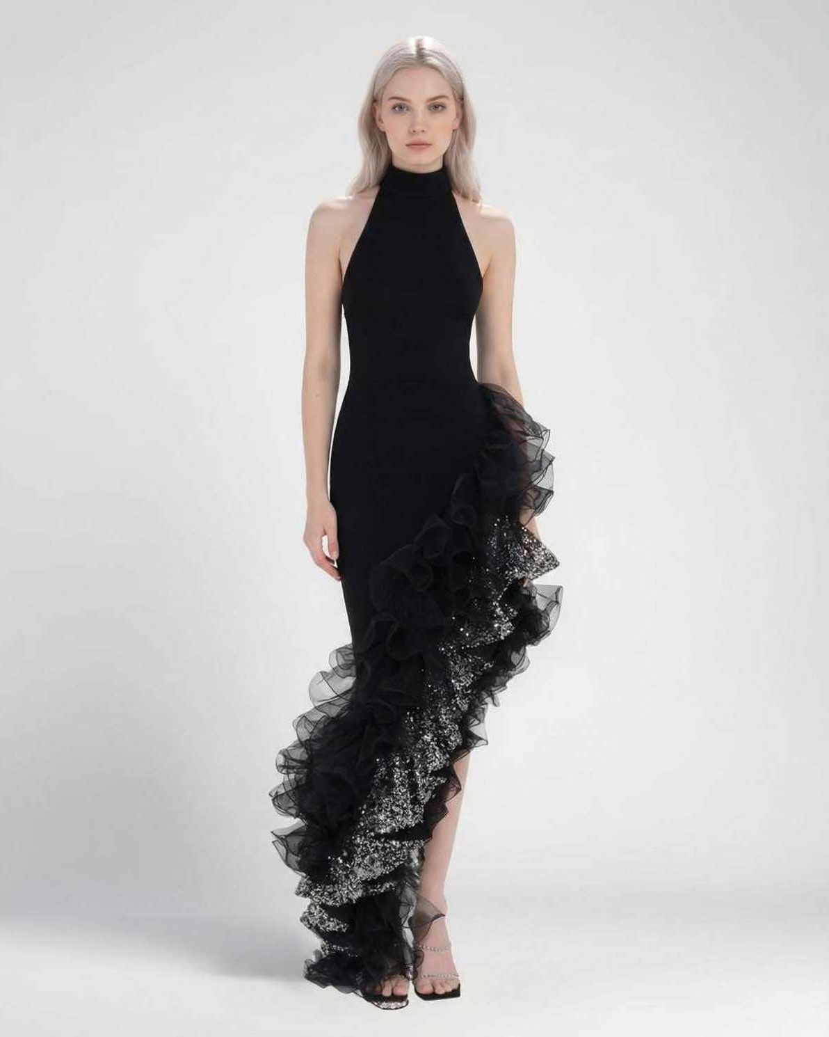 Monaco Maxi Dress by Lauven featuring a black halter neck and asymmetrical ruffle detail.