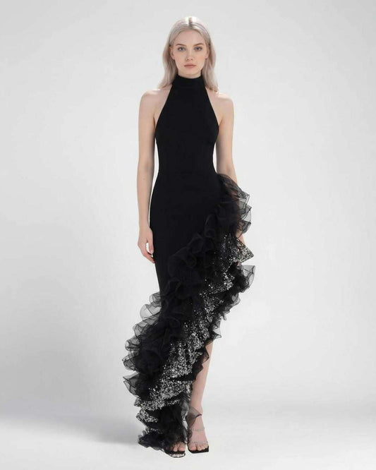 Monaco Maxi Dress by Lauven featuring a black halter neck and asymmetrical ruffle detail.