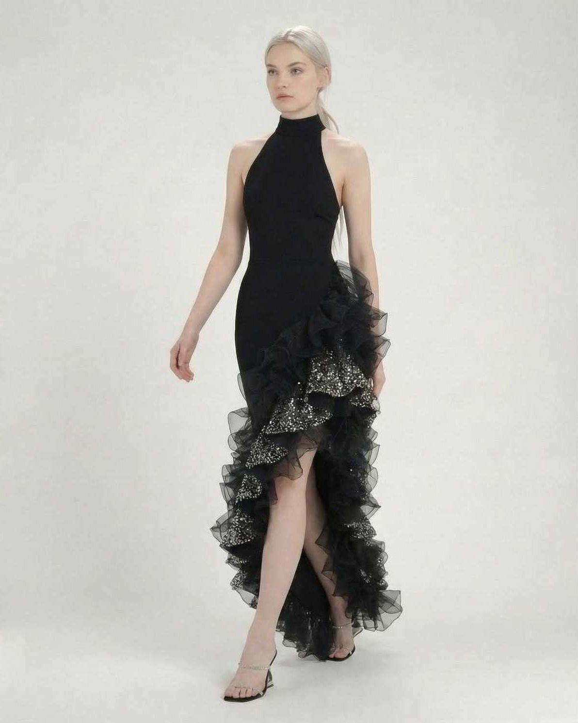 Monaco Maxi Dress by Lauven - Black Halter Neck Asymmetrical Ruffle Maxi Dress with Dramatic Design