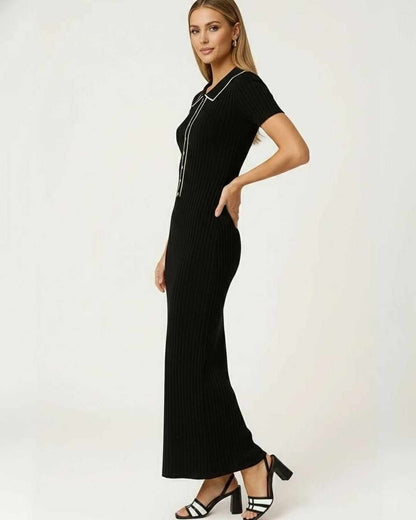 Monaco Maxi Dress by Lauven – Women's black ribbed knit dress featuring button-front detail and contrast collar.