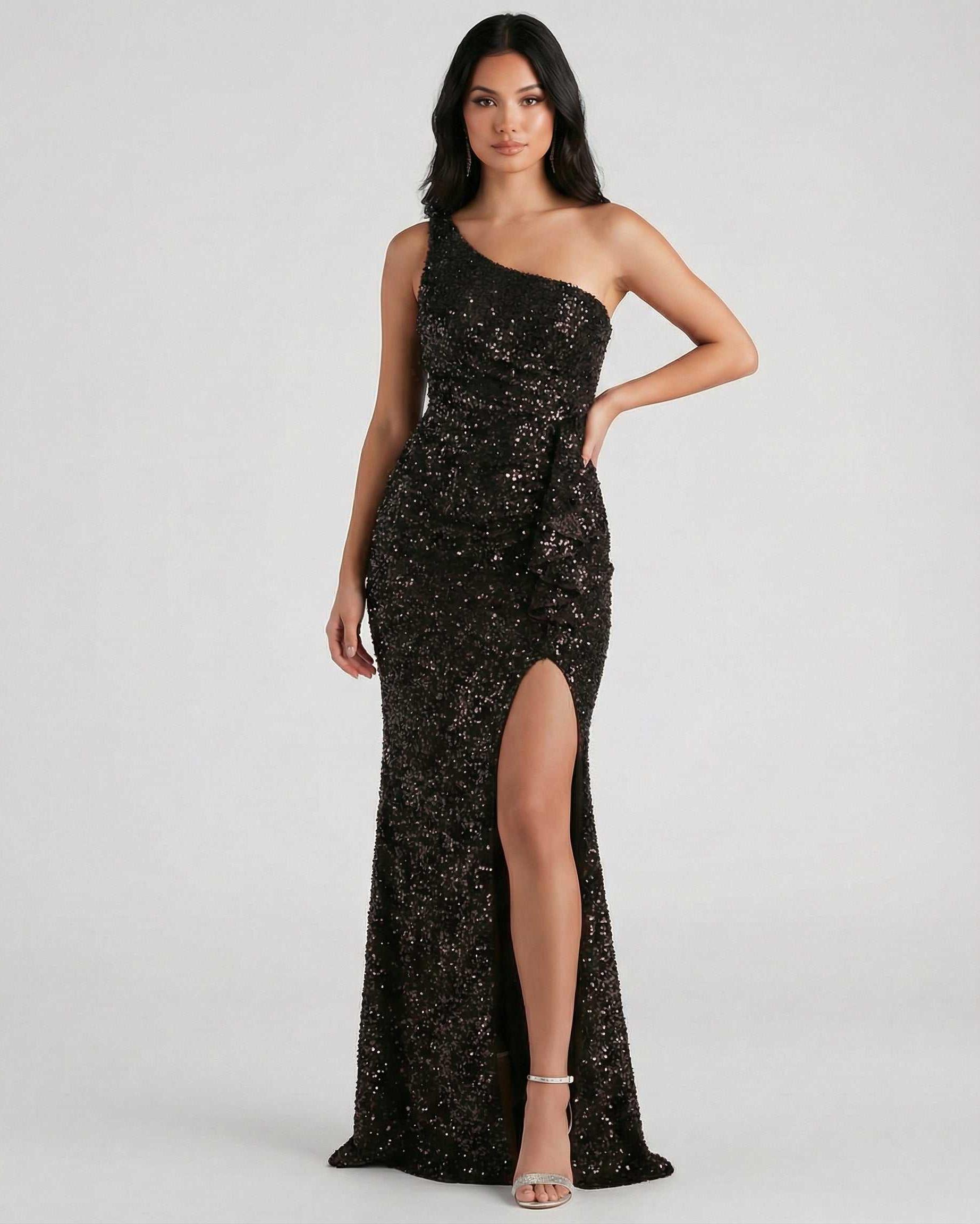 Monaco Maxi Dress by Lauven, featuring a black sequin design, one shoulder silhouette, and a high slit for elegant evening wear.