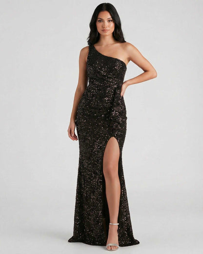 Monaco Maxi Dress by Lauven, featuring a black sequin design, one shoulder silhouette, and a high slit for elegant evening wear.