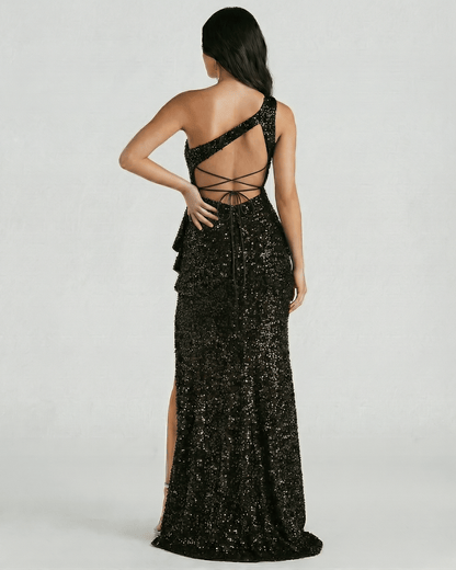 Monaco Maxi Dress by Lauven featuring a stunning black sequin design with a one-shoulder and high slit, showcasing the back view.