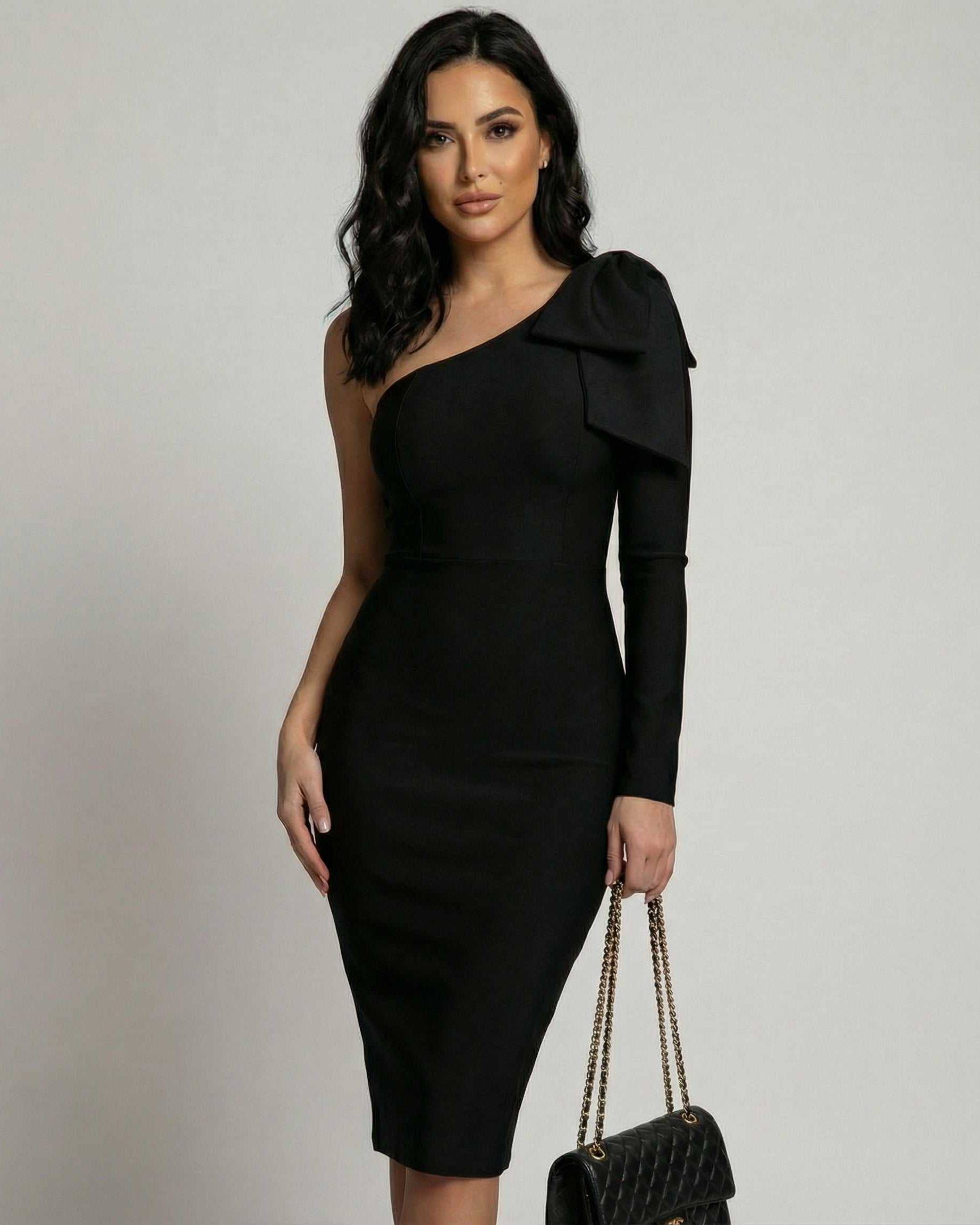 Monaco Midi Dress by Lauven - Elegant black one shoulder dress with asymmetrical neckline and bow accent.