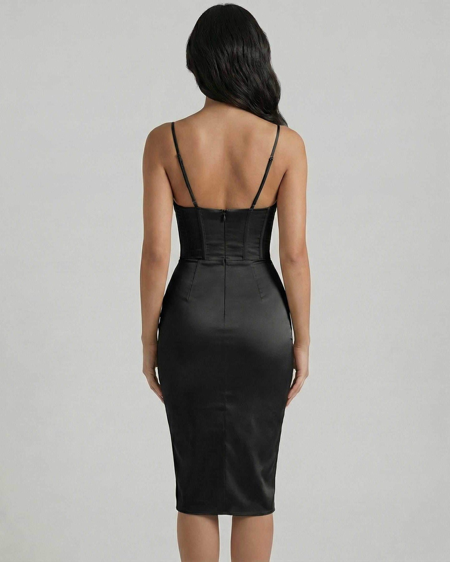 Back view of the Lauven Monaco Midi Dress showcasing its satin corset design and elegant silhouette.