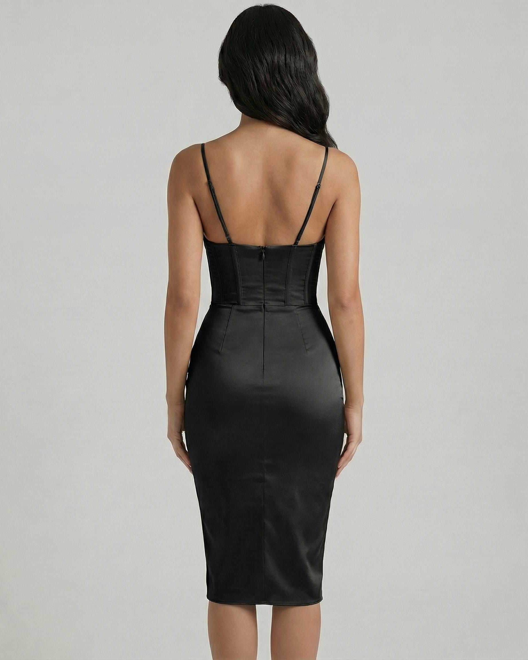 Back view of the Lauven Monaco Midi Dress showcasing its satin corset design and elegant silhouette.