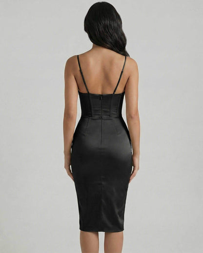 Back view of the Lauven Monaco Midi Dress showcasing its satin corset design and elegant silhouette.