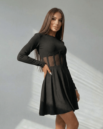Monaco Mini Dress by Lauven - Black long sleeve A-line dress with sheer corset panel and O-neckline, perfect for stylish occasions.