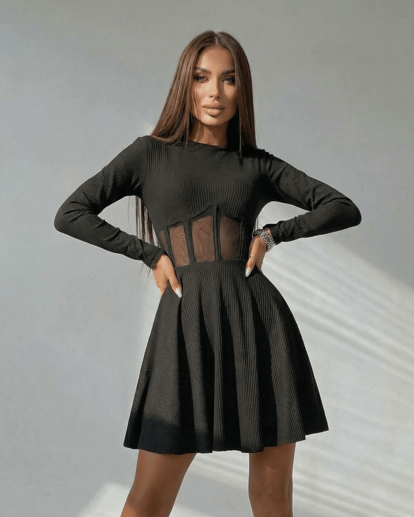 Monaco Mini Dress by Lauven - Black long sleeve A-line mini dress with sheer corset panel.