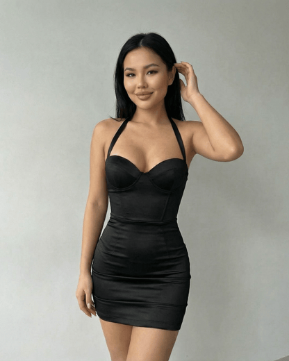 Monaco Mini Dress by Lauven, featuring a black satin bodycon halter design with sculpted cup detailing.